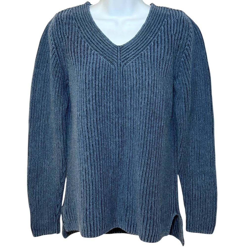 LL Bean V-Neck Knit Sweater Ribbed Side Slit Blue Womens S Long Sleeve Pullover